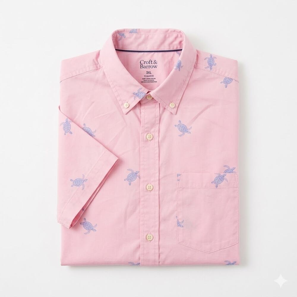 Croft & Barrow Men’s Small Slim Fit Shirt Pink Blue Turtle Print Short Sleeve